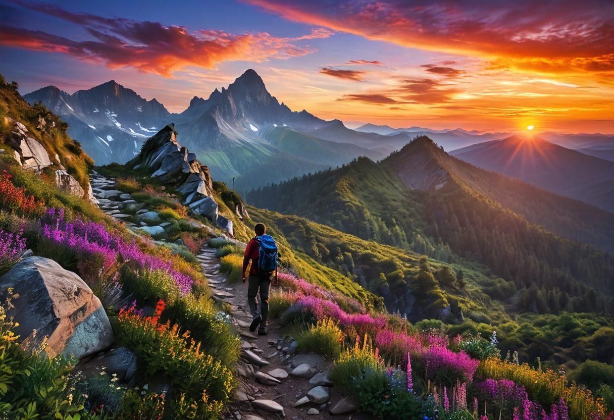 A breathtaking mountainous landscape showcasing a diverse hiking trail winding through lush forests and rocky terrains. Include a silhouette of an adventurer with a backpack, standing on the trail gazing at a distant peak under a vibrant sunset sky. Add colorful wildflowers lining the path to enhance the natural beauty and a sense of exploration. super-realistic. vibrant colors. breathtaking backdrop.