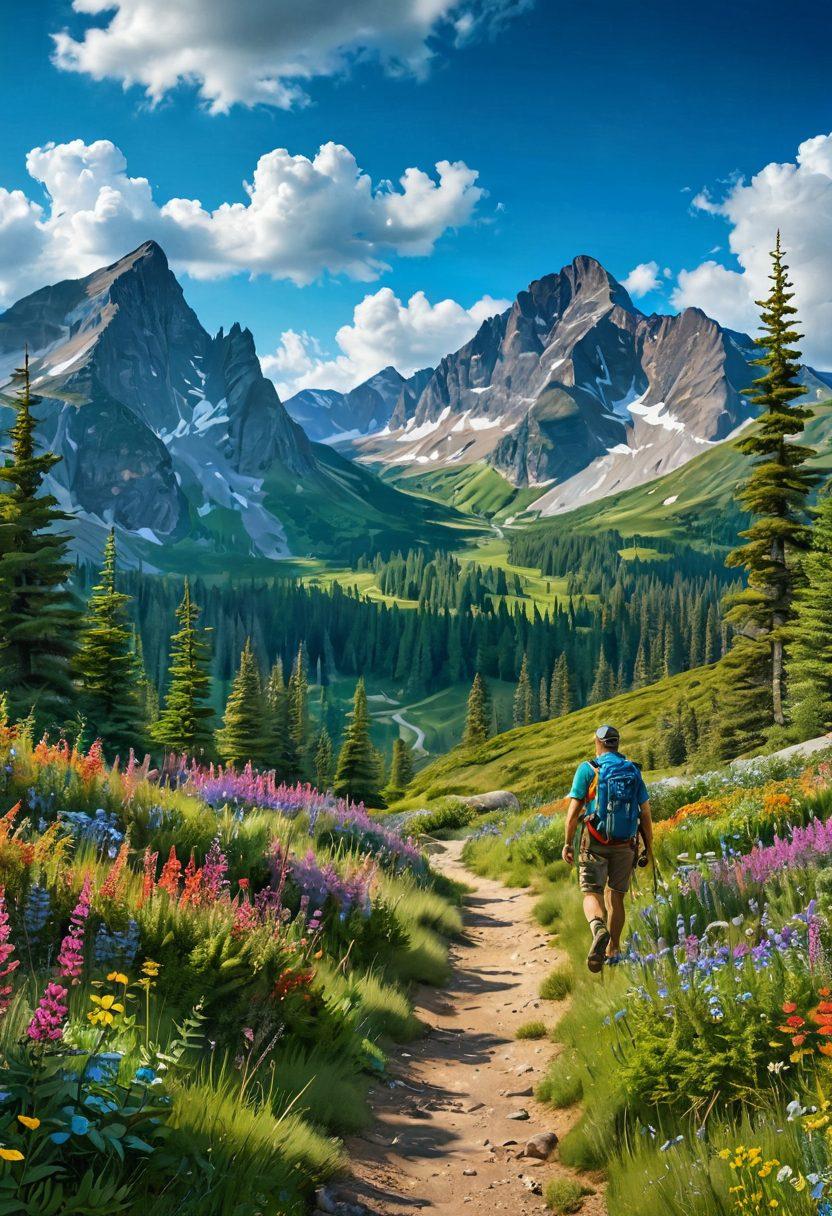 A serene wilderness landscape featuring a well-maintained trail winding through lush green forests and towering mountains in the background. Include a hiker with a backpack examining a trail marker, surrounded by vibrant wildflowers and wildlife like deer and birds. The sky is bright blue with fluffy clouds, capturing the essence of outdoor adventure and nature conservation. super-realistic. vibrant colors. 3D.