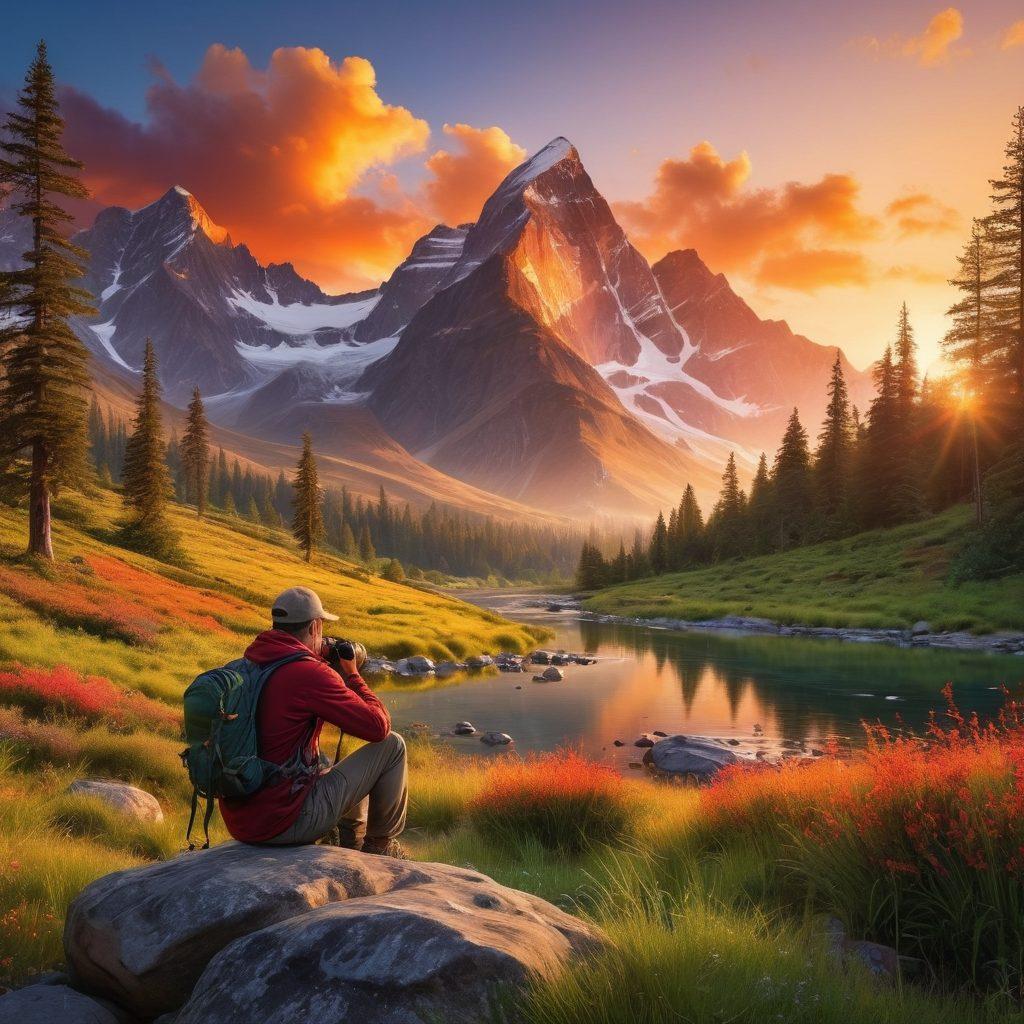A breathtaking landscape photograph showcasing a majestic mountain range under a vibrant sunset, with a photographer capturing the scene in the foreground, surrounded by lush greenery and wildlife. The image should feature high-quality camera gear positioned artfully, emphasizing the theme of outdoor adventures in nature. The colors should be rich and vivid, creating a sense of awe and inspiration. super-realistic. vibrant colors. scenic backdrop.